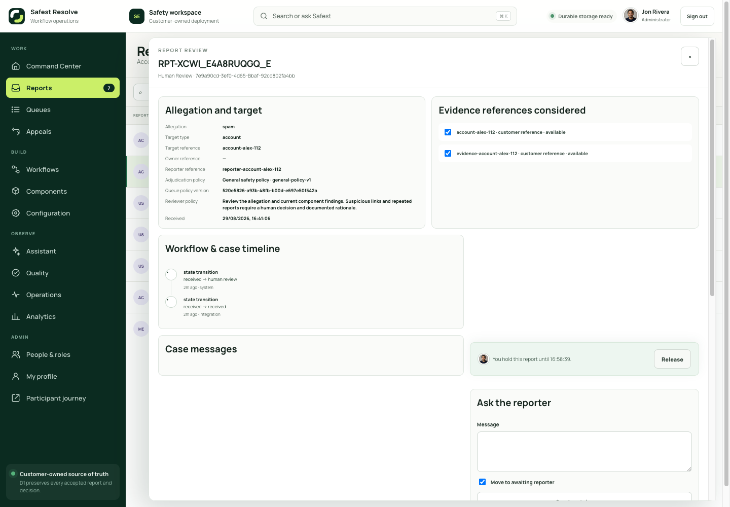 Safest Resolve report workspace showing a spam allegation, evidence references, workflow timeline, and a live claim held by Jon Rivera
